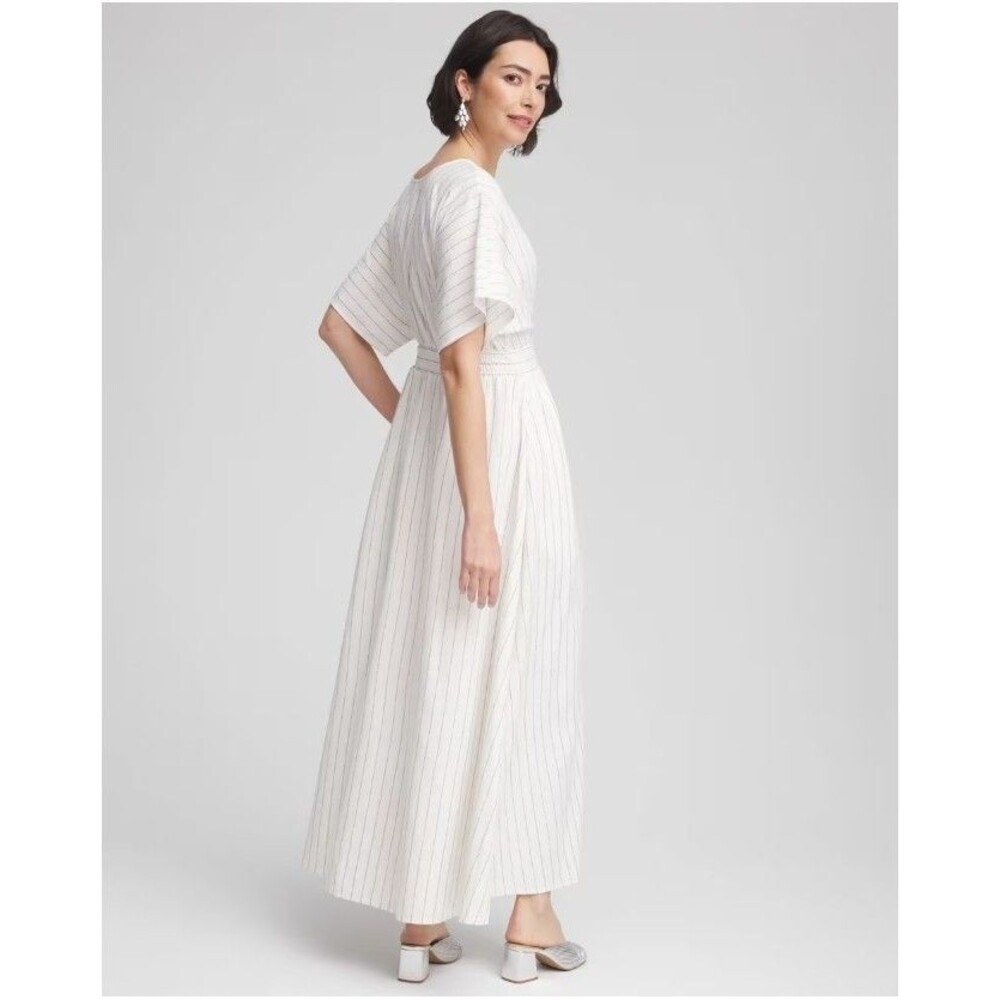 Chico's Metallic Stripe Maxi Dress Size 3 XL NWT White Silver V Neck Pockets - Picture 3 of 4